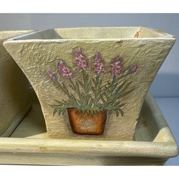 Ceramic Planter Set 4 Piece Set With Tray Featuring Floral Designs 13.5" Long - Picture 4 of 11